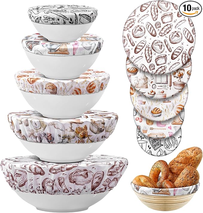 Patelai 10 Pcs Bowl Covers Reusable in 5 Size Stretch Cloth Fabric Elastic Food Storage Bowl Covers Bread Sourdough Lids for Proofing Food Fruits Leftover(Brown,Kitchen Style) by Patelai