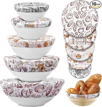 Patelai 10 Pcs Bowl Covers Reusable in 5 Size Stretch Cloth Fabric Elastic Food Storage Bowl Covers Bread Sourdough Lids for Proofing Food Fruits Leftover(Brown,Kitchen Style) by Patelai