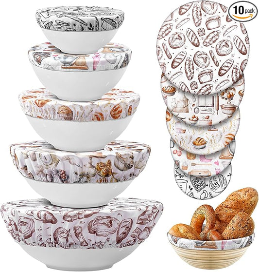 Patelai 10 Pcs Bowl Covers Reusable in 5 Size Stretch Cloth Fabric Elastic Food Storage Bowl Covers Bread Sourdough Lids for Proofing Food Fruits Leftover(Brown,Kitchen Style) by Patelai