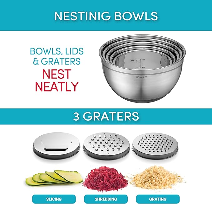 Belwares Mixing Bowls with Lids Set of 5 - Stainless Steel Mixing Bowl Set, Kitchen Nesting Metal Bowls with Non Slip Bottoms + 3 Grater Attachments, Airtight Lids, Food Prep + Storage, Matte Black - Image 6