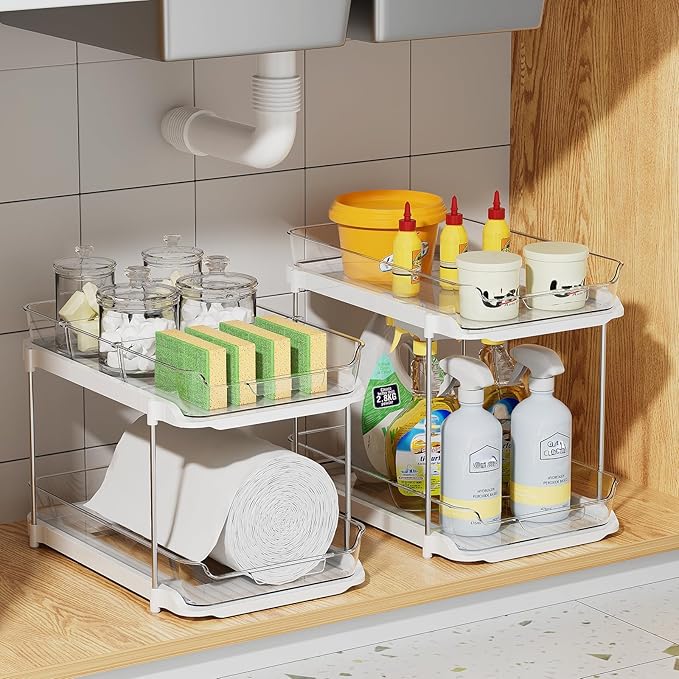 Delamu 4 Pack 2-Tier Bathroom Under Sink Organizers and Storage, Multi-Purpose Stackable Pantry Organization and Storage, Pull Out Clear Kitchen Bathroom Cabinet Organizer with Movable Dividers, White - Image 5