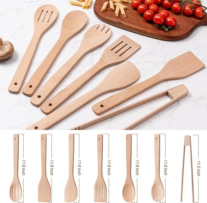 Eisinly Wooden Spoons for Cooking 7-Piece, Kitchen Nonstick Wood Cooking Utensils Set, Durability Wooden Spatula Spoon for Everyday Use, Light Yellow - Image 2
