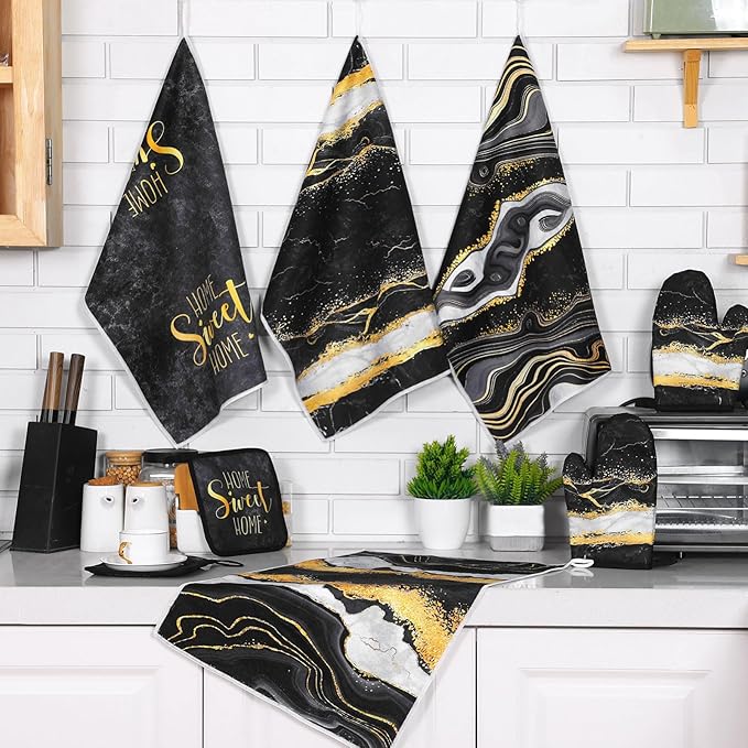 Leinuosen 8 Pcs Black Marble Kitchen Decor Dish Towels and Oven Mitts Sets Pot Holders and Dishcloths Farmhouse Kitchen Accessories Decorative Set for Chef Baking Cooking Daughter Mom Gift