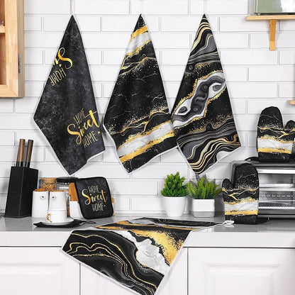 Leinuosen 8 Pcs Black Marble Kitchen Decor Dish Towels and Oven Mitts Sets Pot Holders and Dishcloths Farmhouse Kitchen Accessories Decorative Set for Chef Baking Cooking Daughter Mom Gift
