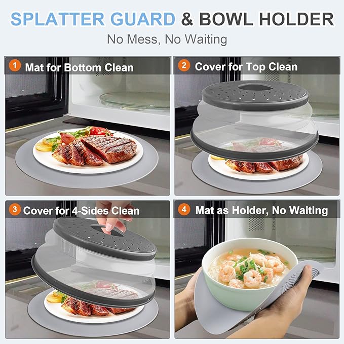 Pack 2, LekDrok Microwave Food Cover with Mat 10 Inch, Mat as Bowl Holder, Cover for Splatter Guard, Collapsible Lid for Plate, Multi-Use Silicone Mat & Kitchen Colander Gadget for Meal Prep, Charcoal - Image 3