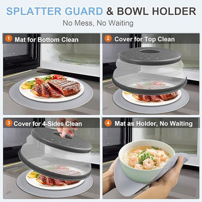 Pack 2, LekDrok Microwave Food Cover with Mat 10 Inch, Mat as Bowl Holder, Cover for Splatter Guard, Collapsible Lid for Plate, Multi-Use Silicone Mat & Kitchen Colander Gadget for Meal Prep, Charcoal - Image 3