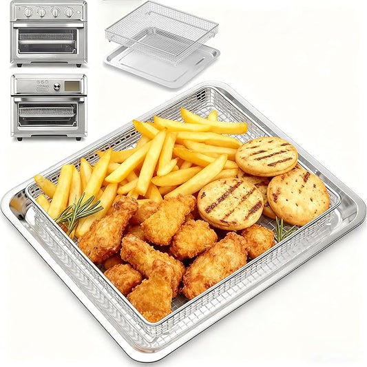2Pcs Stainless Steel Oven Air Fryer Basket and Tray Replacement for Cuisinar TOA-060 and TOA-065 Toaster Oven Deep Fryer Parts & Accessorie, 12.4"x11" Baking Sheet Tray Pan for Cooking Bread Broiling