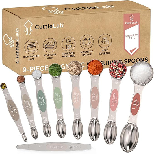 CuttleLab Magnetic Measuring Spoons Set - Stainless Steel, Double Ended, Stackable & Nested Design for Dry and Liquid Ingredients, Ideal for Spice Jars, 9-Piece Set with Leveler (Country Chic)