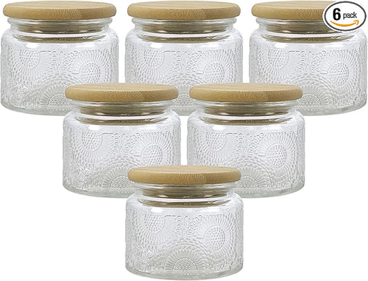4 oz Decorative Mini Glass Jars with Bamboo Lids (6 pack, Clear)