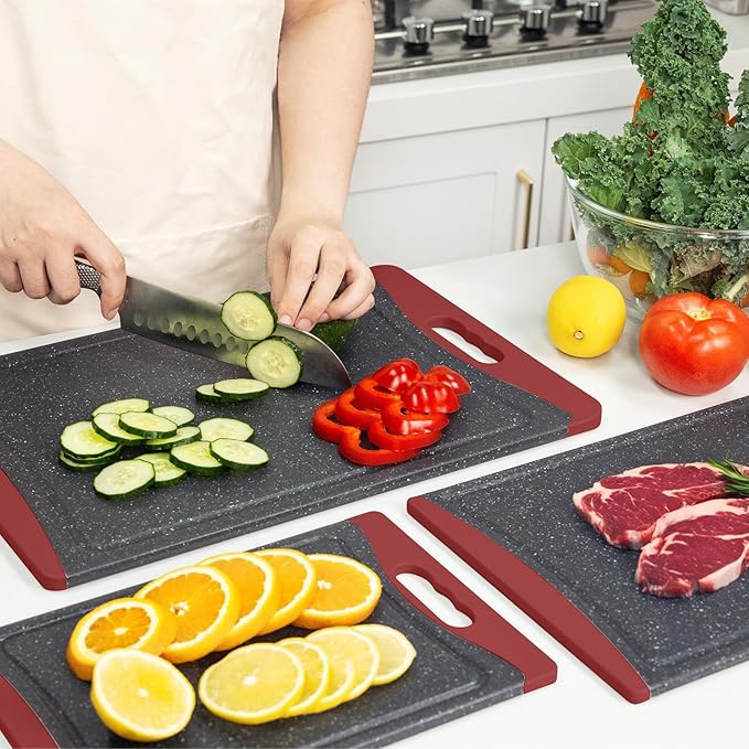 Extra Large Cutting Boards, Plastic Cutting Boards for Kitchen (Set of 3) Cutting Board Set Dishwasher Chopping Board with Juice Grooves Easy-Grip Handles, Red, Empune - Image 7