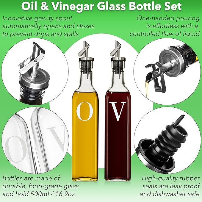 GREENOLIVE Olive Oil and Vinegar Dispenser Set - 17 oz. Glass Bottles with No-Drip BPA-Free Spouts - Stylish O and V Identifiers for Kitchen and Dining Use - Set of 2 - Image 2