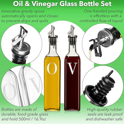 GREENOLIVE Olive Oil and Vinegar Dispenser Set - 17 oz. Glass Bottles with No-Drip BPA-Free Spouts - Stylish O and V Identifiers for Kitchen and Dining Use - Set of 2 - Image 2