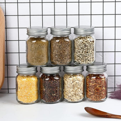 30 Pack 4oz Glass Mason Spice Jars Bottles, Empty Round Containers with Silver Airtight Metal Caps and Pour/Sift Shaker Lid