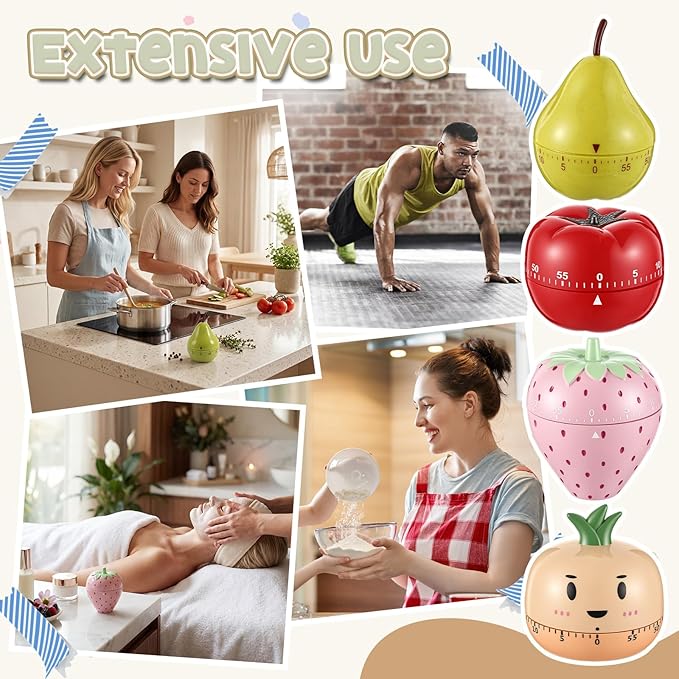 Amylove 4 Pieces Cute Kitchen Timer, Animal Mechanical Manual, Tomato, Strawberry, Pineapple, Pear, 60 Minutes Loud Alarm Egg Windup Timer, for Adults Christmas Home Cooking Baking Fitness Beauty