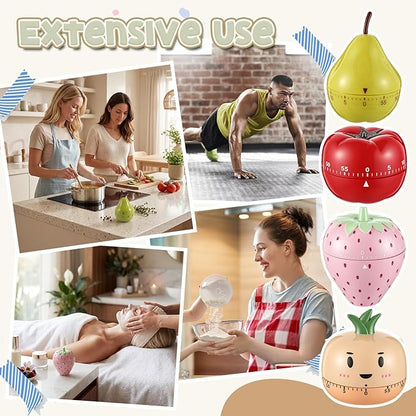 Amylove 4 Pieces Cute Kitchen Timer, Animal Mechanical Manual, Tomato, Strawberry, Pineapple, Pear, 60 Minutes Loud Alarm Egg Windup Timer, for Adults Christmas Home Cooking Baking Fitness Beauty