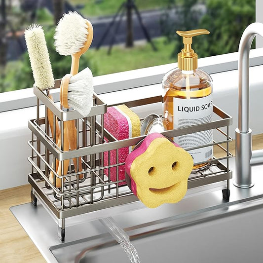 HapiRm Sink Caddy Sponge Holder - Self-draining Kitchen Sink Organizer with Smiley Face and Brush Holder, Stainless Steel Kitchen Organizer for Countertop - Brushed Nickel by HapiRm