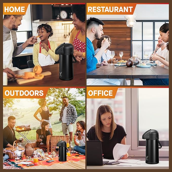 Airpot Coffee Carafe for Keeping Hot - 85 OZ/ 2.5L Coffee Dispenser with Pump - Insulated Stainless Steel thermal carafe for Hot Drinks Water Tea Chocolate - Hot Beverage Dispenser for Parties - Image 7