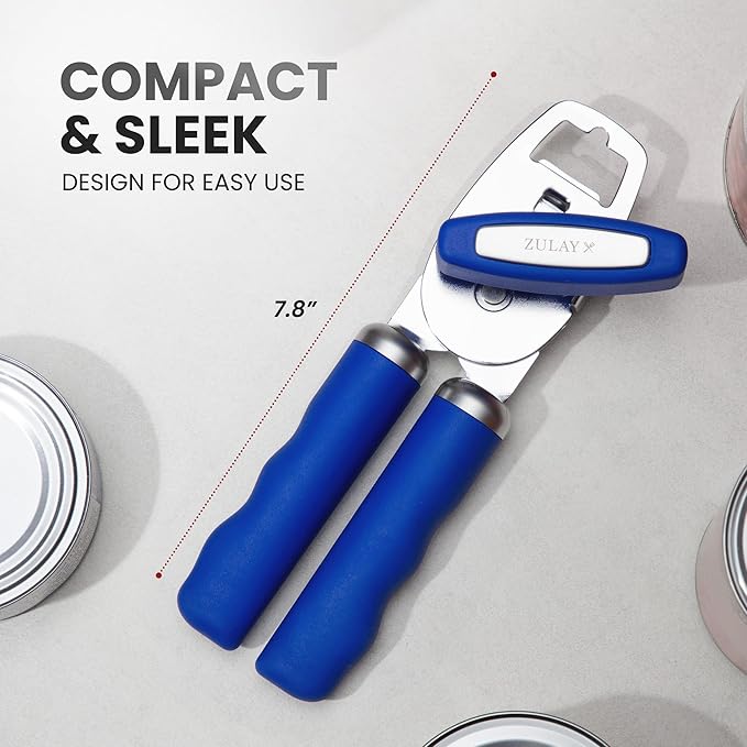 Zulay Kitchen Heavy Duty Stainless Steel Can Opener Manual with Bottle Opener - Rust Proof Manual Can Opener With Turn Knob & Comfy Soft Grip Handles - Royal Blue - Image 2