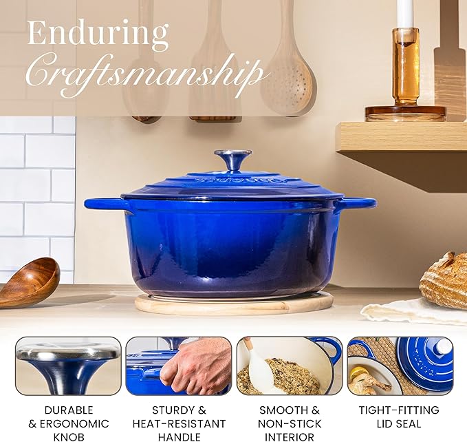 Cast Iron Pot with Lid – Non-Stick Ovenproof Enamelled Casserole Pot, Oven Safe up to 500° F – Sturdy Dutch Oven Cookware – Dark Blue, 5-Quart, 24cm – by Nuovva - Image 7
