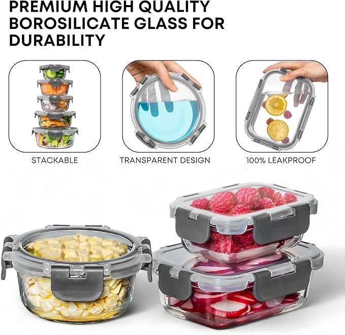 Razab 30 PC Glass Food Storage Containers with Lids - Reusable Glass Meal Prep Containers for Lunch & Leftovers - Airtight & Leakproof Snap Locking Lids - Oven, Freezer, Microwave & Dishwasher Safe - Image 7