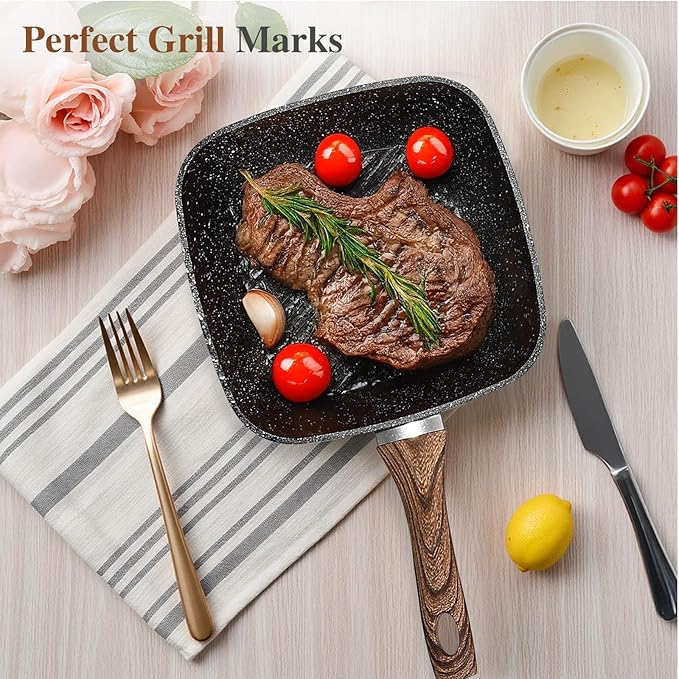 3 Pcs Pots and Pans Set, Nonstick & Non-Toxic Healthy Pots and Pans with Wooden Handle, Durable Skillet Indoor & Outdoor Use, All Stovetops Compatible, PFOA Free, Black