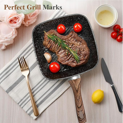 3 Pcs Pots and Pans Set, Nonstick & Non-Toxic Healthy Pots and Pans with Wooden Handle, Durable Skillet Indoor & Outdoor Use, All Stovetops Compatible, PFOA Free, Black