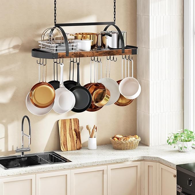 CHOEZON Hanging Pot Rack, Pot Hanger for Kitchen, Ceiling Mounted Pot Holder, Cookware Organizer with 18 S-Shaped Hooks, for Pot, Pan Storage, Space-Saving, Rustic Brown and Black TPR18BF - Image 2