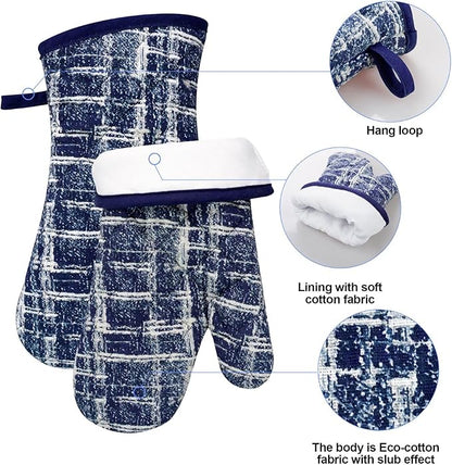 Alselo Oven Mitts and Pot Holders with Cooking Apron,Set of 5 Heat Resistant Kitchen Gloves and Silicone Non-Slip Potholders Adjustable Neck Buckle Chef Apron, Cotton Nice Design for Cooking (Navy)