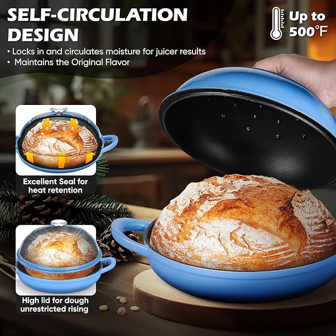 Bread Dutch Oven for Sourdough Baking (5.5 QT), Joyfair Enameled Cast Iron Dutch Oven Pot with Lid, Sourdough Bread Pan with Heavy Duty Dual Handles, Non-Stick & Even Heat, Oven-safe up to 500°F, Blue - Image 3
