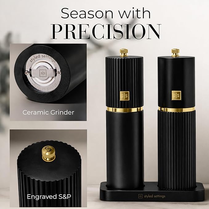 Wooden Salt and Pepper Grinder Set – Refillable Manual Salt and Pepper Mills with Adjustable Ceramic Burrs, Gold Detailing, and Wood Stand – Black - Image 3