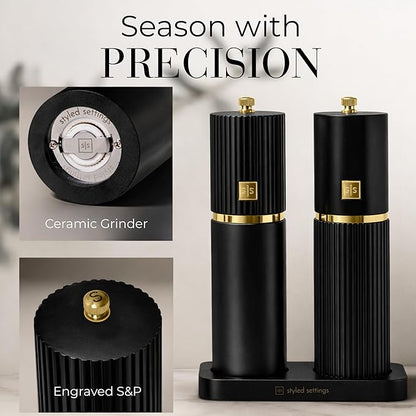 Wooden Salt and Pepper Grinder Set – Refillable Manual Salt and Pepper Mills with Adjustable Ceramic Burrs, Gold Detailing, and Wood Stand – Black - Image 3