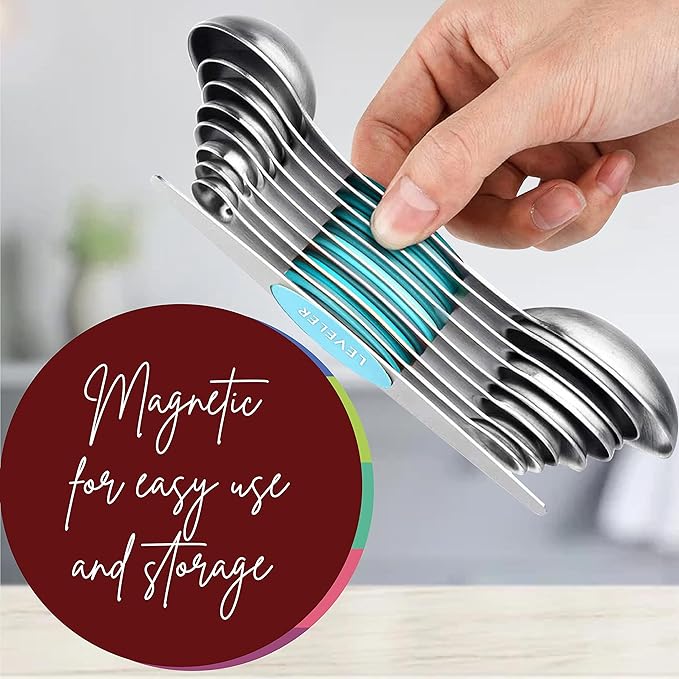 Magnetic Measuring Spoons Set of 9 Stainless Steel Dual-Sided Stackable Measuring Spoon Nesting Teaspoons Measuring Dry and Liquid Ingredients, Fits in Spice Jars Set of 9 (Blue Aqua Sky) - Image 4