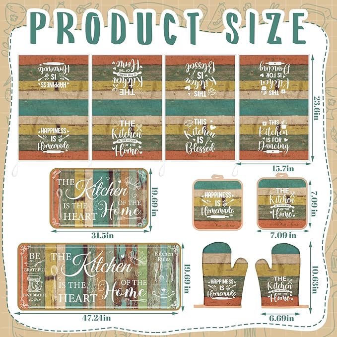 Fourluoo 10 Pcs Farmhouse Kitchen Decor and Accessories Set 4 Kitchen Towels 2 Pot Holders 2 Oven Mitts 2 Rugs for Cooking Baking Mom Housewarming Gifts(Vintage Wood Grain,Classic Style) - Image 3