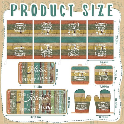 Fourluoo 10 Pcs Farmhouse Kitchen Decor and Accessories Set 4 Kitchen Towels 2 Pot Holders 2 Oven Mitts 2 Rugs for Cooking Baking Mom Housewarming Gifts(Vintage Wood Grain,Classic Style) - Image 3