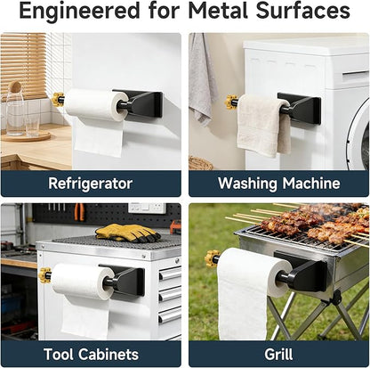 Magnetic Paper Towel Holder for Fridge Strong Magnet Black Kitchen Towel Holders Storage Organizer with Gold Nut for Refrigerator Grill Toolbox