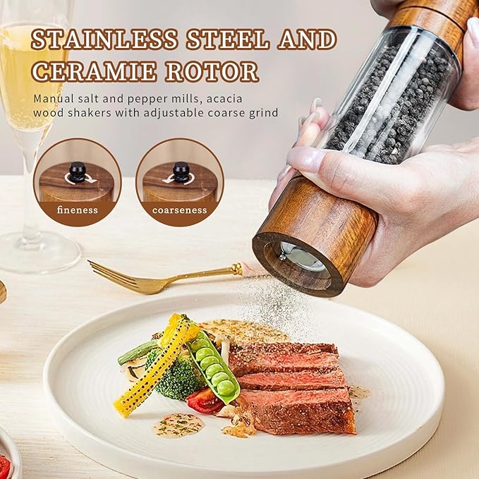 XWXO Acacia Wood Salt Grinder and Pepper Grinder Set Premium Acrylic Salt and Pepper Mill Set, Manual Salt and Pepper Mills- Wooden Shakers with Adjustable Ceramic Core 8 Inches 2 Pack - Image 5