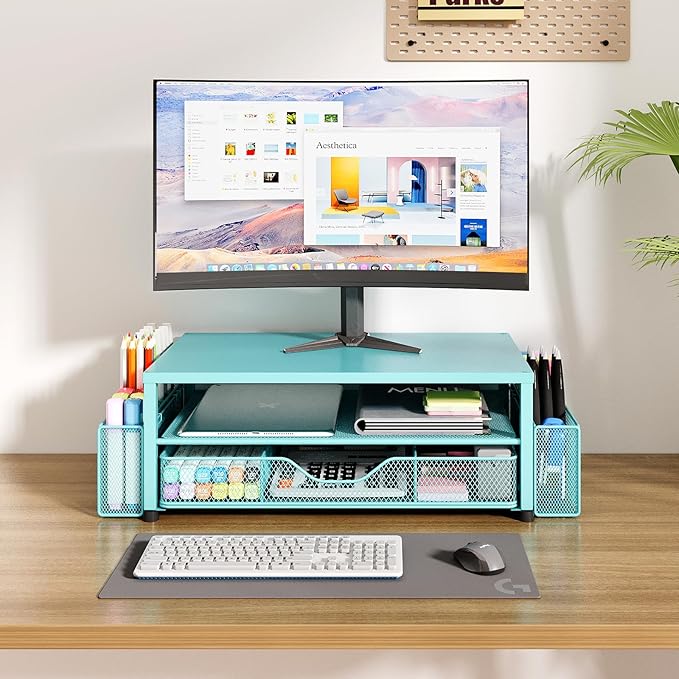 OPNICE Desk Organizers and Accessories, 2-Tier Computer Monitor Stand Riser with Drawer and 2 Pen Holders, Laptop Stand, Office Desk Accessories for Office Supplies, Teal Blue - Image 6