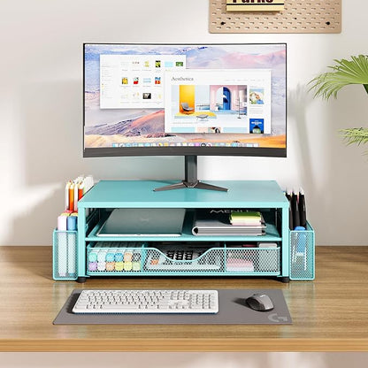 OPNICE Desk Organizers and Accessories, 2-Tier Computer Monitor Stand Riser with Drawer and 2 Pen Holders, Laptop Stand, Office Desk Accessories for Office Supplies, Teal Blue - Image 6