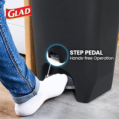 Glad 13 Gallon Trash Can, 2 Pack | Plastic Kitchen Waste Bin with Odor Protection of Lid | Hands Free with Step On Foot Pedal and Garbage Bag Rings, Black, 2 Count