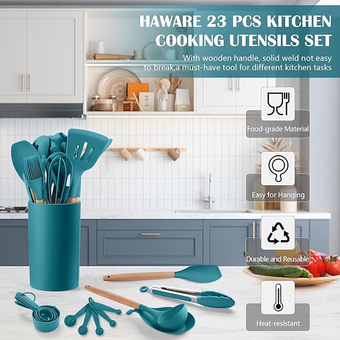 HaWare Kitchen Cooking Utensils Set, 23-Piece Silicone Kitchen Utensils Spatula Set with Holder, Heat Resistant Wooden Handle Kitchen Gadget for Nonstick Cookware, Food-grade Turner Spoon Sets (Blue) - Image 3