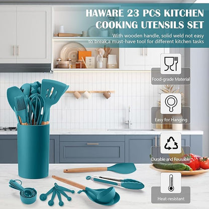 HaWare Kitchen Cooking Utensils Set, 23-Piece Silicone Kitchen Utensils Spatula Set with Holder, Heat Resistant Wooden Handle Kitchen Gadget for Nonstick Cookware, Food-grade Turner Spoon Sets (Blue) - Image 3