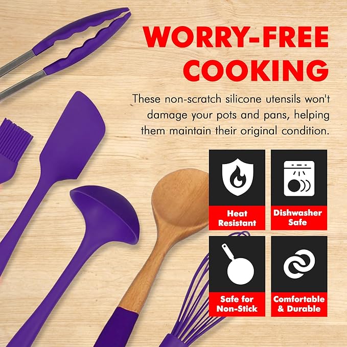 Chef Craft Premium Silicone Kitchen Tool and Utensil Set, 11 Piece, Purple - Image 3