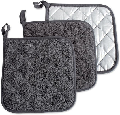 DII Basic Terry Collection Quilted 100% Cotton, Potholder, Mineral Gray, 3 Piece by DII