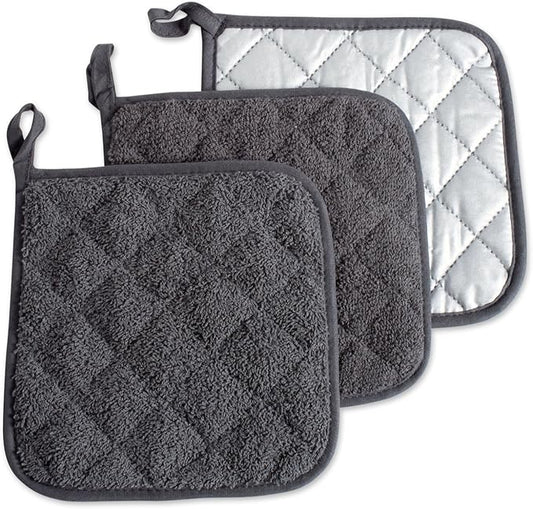 DII Basic Terry Collection Quilted 100% Cotton, Potholder, Mineral Gray, 3 Piece by DII