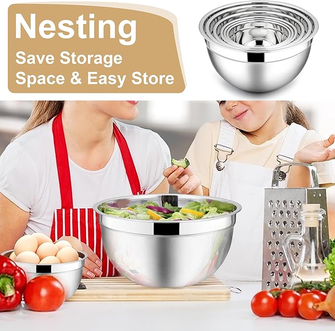 E-far Mixing Bowls with Lids, 12-Piece Stainless Steel Salad Bowls Metal Nesting Bowls for Baking Cooking and Prepping, Airtight Lids & Stackable Design, Size 7, 4.5, 3, 1.5, 1.2, 0.7 QT (Khaki) - Image 5