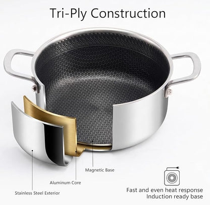 4.6 Qt Stainless Steel Stock Pot with Lid, 3-Ply 18/10 Hybrid Honeycomb Nonstick Soup Pot, 9.4 Inch Induction Pasta Pot for Simmering, Boiling & Stewing