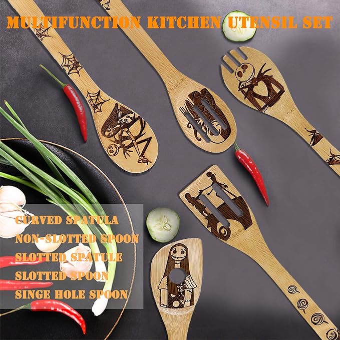 Nightmare Before Christmas Gifts - 5 Pcs Wooden Spoons for Cooking,Halloween Kitchen Utensils Set,Cooking Utensils set for Halloween Decor