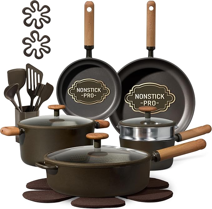 CAROTE Pots and Pans Set Non Stick, 21PCS Cookware Set with Strainer Lid, Induction Cooking Set with Kitchen Utensils, Dark Green by CAROTE