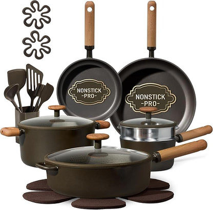CAROTE Pots and Pans Set Non Stick, 21PCS Cookware Set with Strainer Lid, Induction Cooking Set with Kitchen Utensils, Dark Green by CAROTE