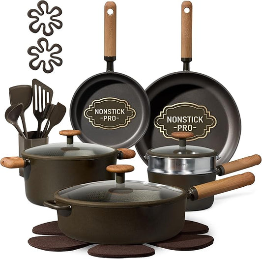 CAROTE Pots and Pans Set Non Stick, 21PCS Cookware Set with Strainer Lid, Induction Cooking Set with Kitchen Utensils, Dark Green by CAROTE